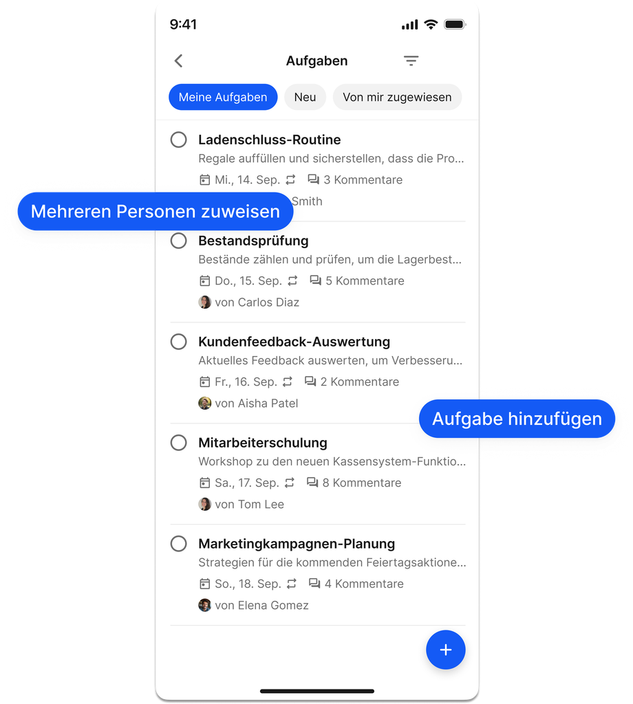 German task management app interface with tasks list and user comments.