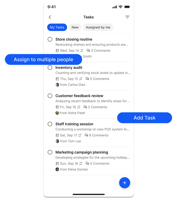 UI of a task app showing various tasks like Store closing routine and options to assign or add tasks.