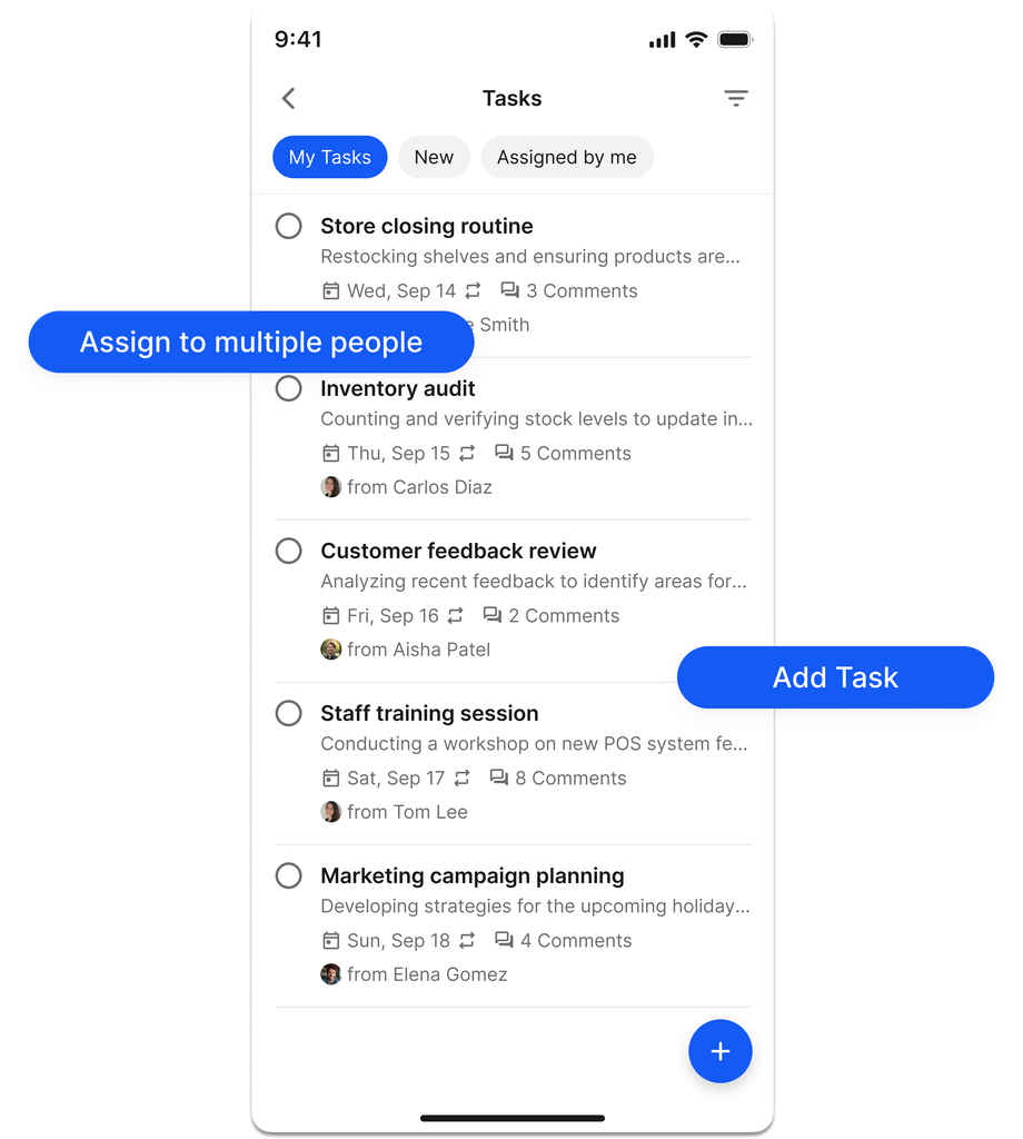 UI of a task app showing various tasks like Store closing routine and options to assign or add tasks.