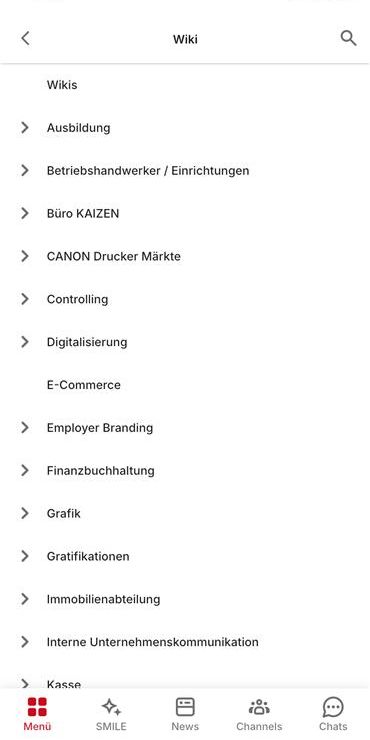Wiki page list with options like Ausbildung, E-Commerce, Grafik.