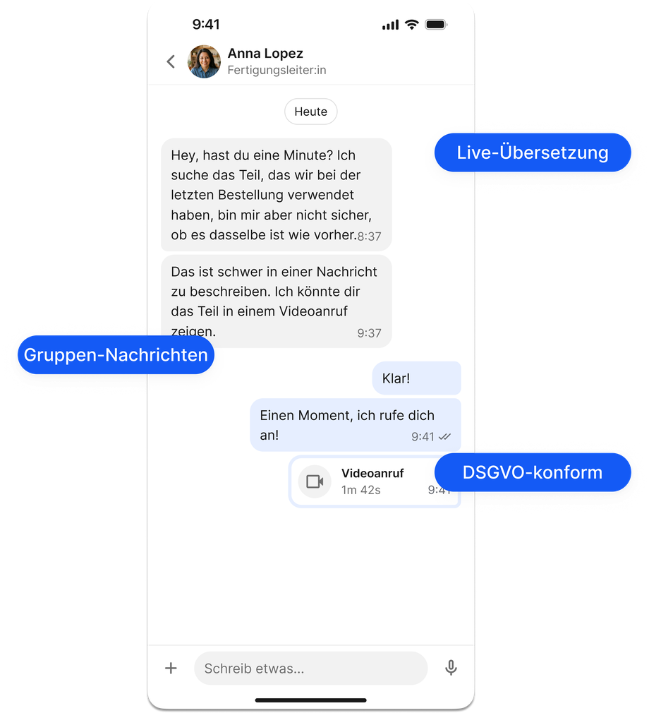 Chat interface showing messages in German and video call option.