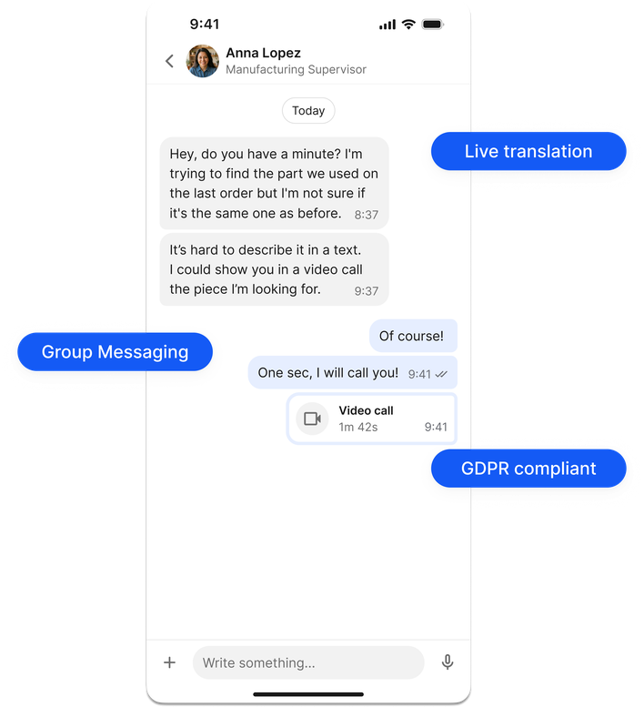 Chat interface showing messages and a video call option for frontline communication.