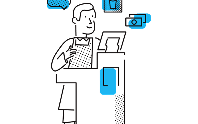 Illustration of a cashier with food, drink, and payment icons; simple food card concept.