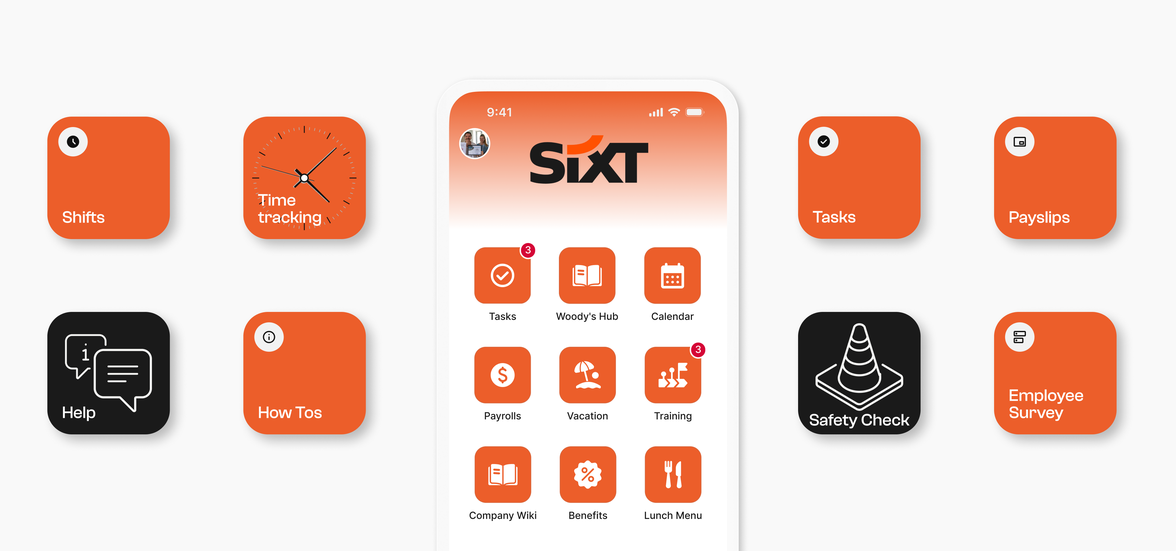 Mobile UI with apps like Shifts, Time Tracking, and Safety Check.