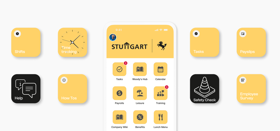 Stuttgart employee app interface with icons for HR and ops tasks.
