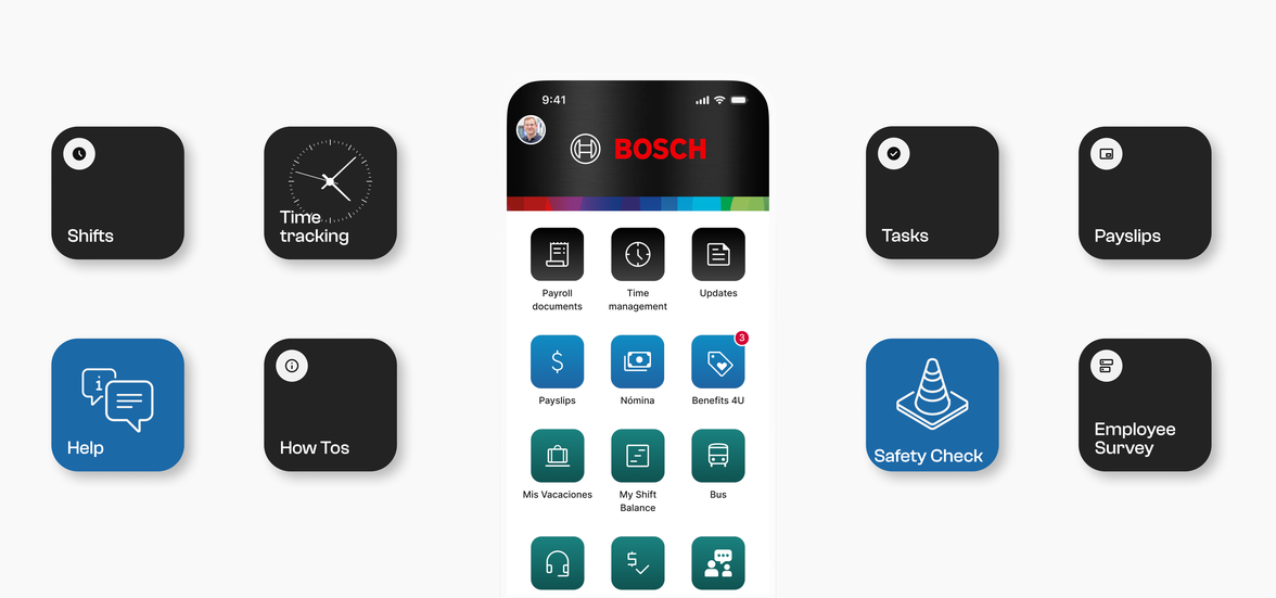 B2B-SaaS UI for manufacturing: apps for shifts, time tracking, payslips, safety, and more.