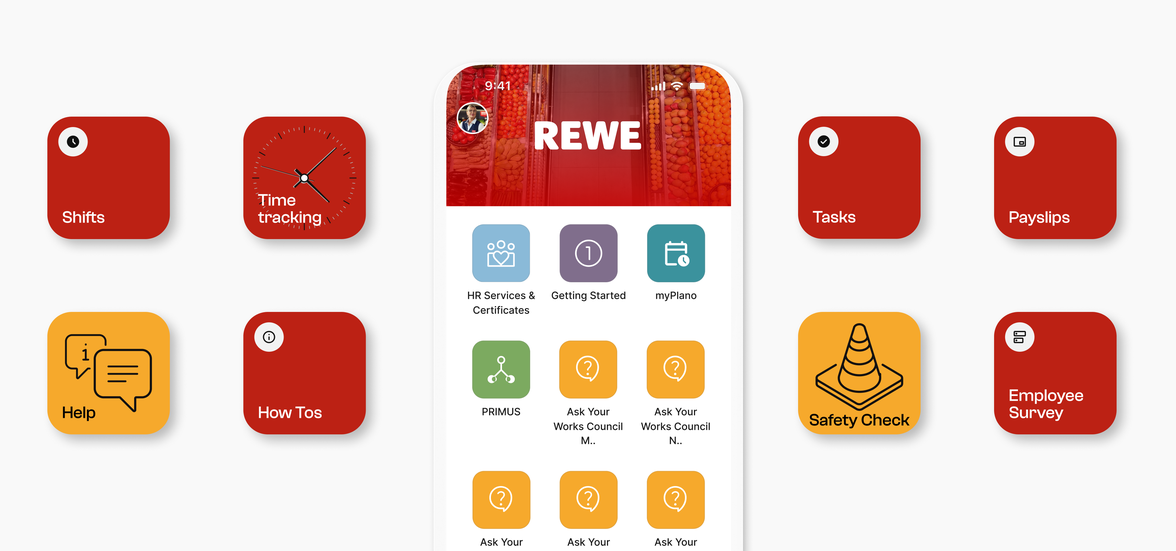 UI of employee app with HR, ops, and comms icons for retail workers.