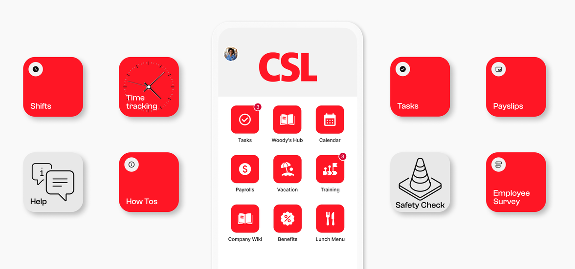 Healthcare software UI with tasks, time tracking, payslips, and safety check icons.