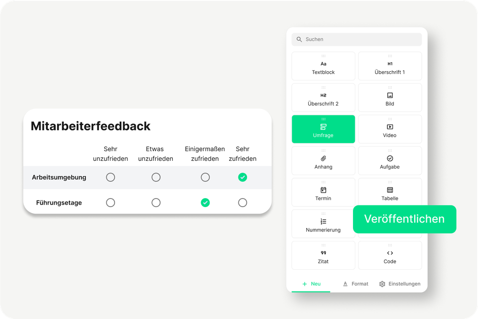 Mitarbeiterfeedback-Umfrage in Mitarbeiterplattform; Umfrage, Veröffentlichen, HR-Portal, Employee App.