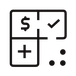 Minimalist icon with dollar sign, checkmark, plus sign, and three dots in a grid layout.