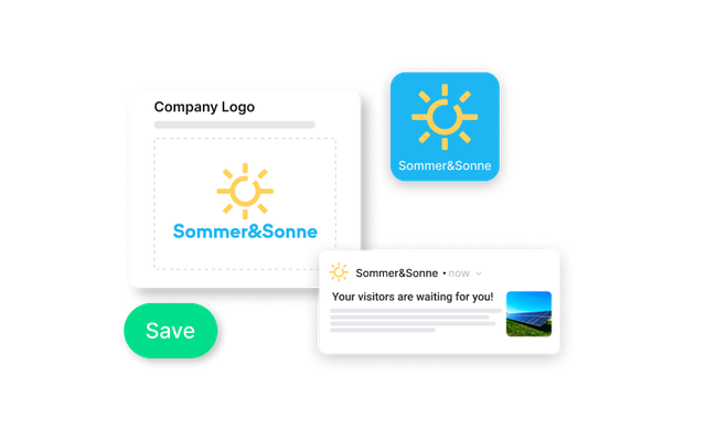 UI shows Sommer&Sonne branding, company logo upload, Save button, and message: Your visitors are waiting for you!