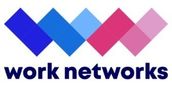 Logo with overlapping blue and pink diamonds above the text work networks in bold font.