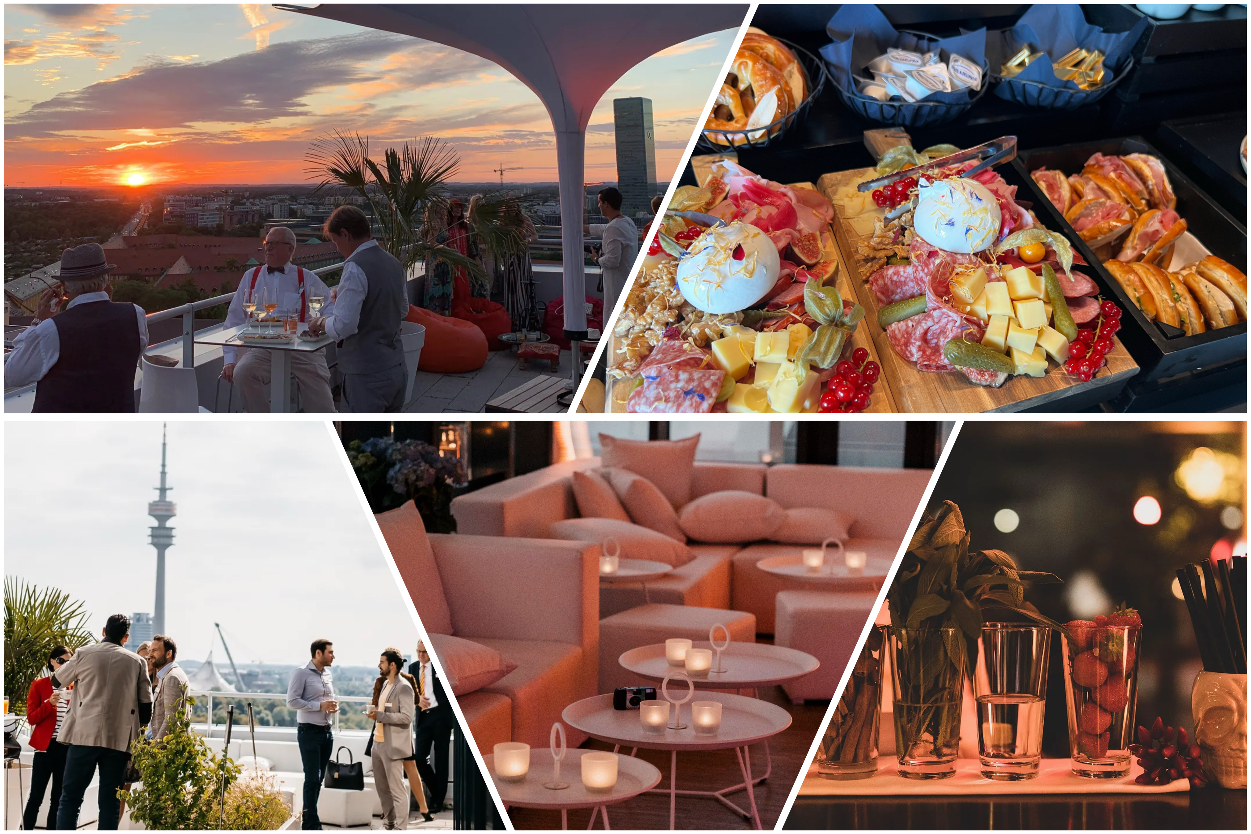 Collage of a rooftop event, food display, and lounge with the Munich skyline.