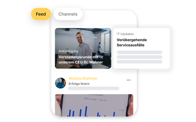Mitarbeiterplattform Feed: Ankündigung, IT-Updates, Erfolge feiern; Employee Experience Platform, HR-Portal.
