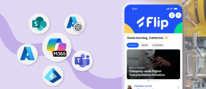 Mobile app screen showing "Flip" with greeting and news, surrounded by Microsoft app logos including Teams, Azure, and M365, on a purple background.