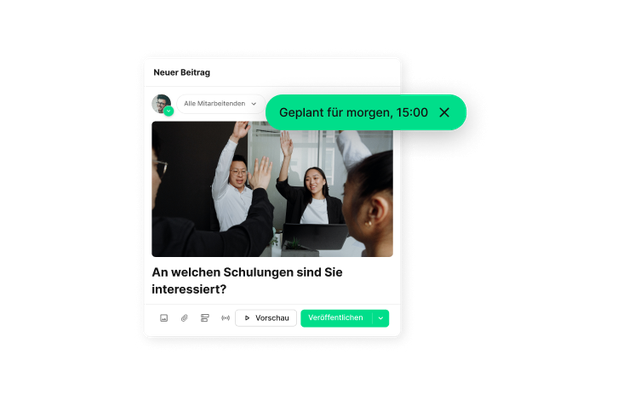 Mitarbeiterplattform UI mit Beitrag: An welchen Schulungen sind Sie interessiert?, Geplant für morgen, 15:00.