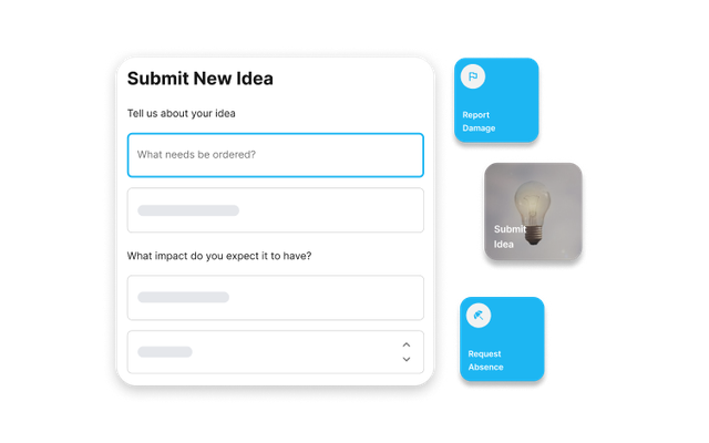 B2B-SaaS Employee App UI: Submit New Idea, Report Damage, Request Absence; Employee Experience Platform.