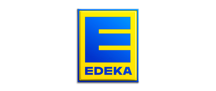 EDEKA-Logo mit großem blauen E auf gelbem Hintergrund.