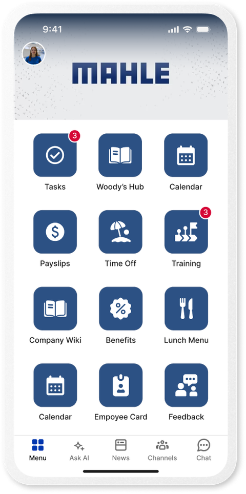 Mobile UI showing Mahle app with icons for tasks and employee services.