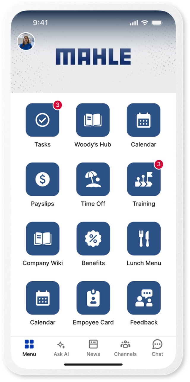 Mobile UI showing Mahle app with icons for tasks and employee services.