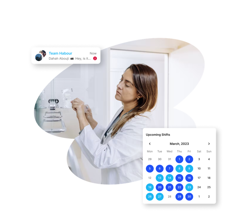 Nurse checks IV; UI shows Team Habour chat, shift calendar; Employee App, HR-Portal, Employee Experience Platform.