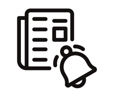 Info icon: document and notification bell, simple black outline, no text or interface elements.