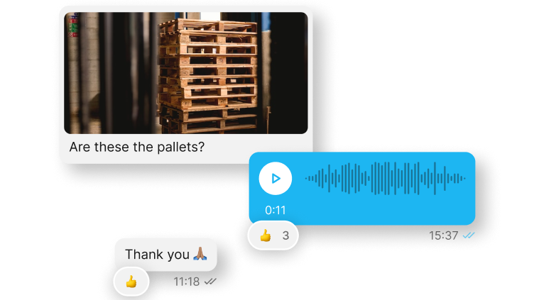 Chat UI with image, voice message, and text: Are these the pallets?, Thank you 🙏, empowering frontline.