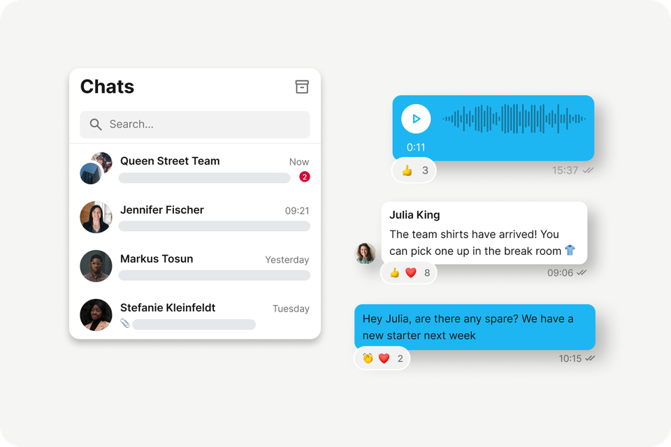 Chat interface of an Employee Experience Platform for frontline comms, HR-Portal, Employee App.