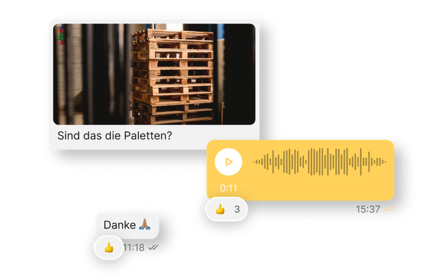 Chat-UI mit Bild von Paletten, Text: Sind das die Paletten?, Voice Message, Flip Flows, Mitarbeiter App.