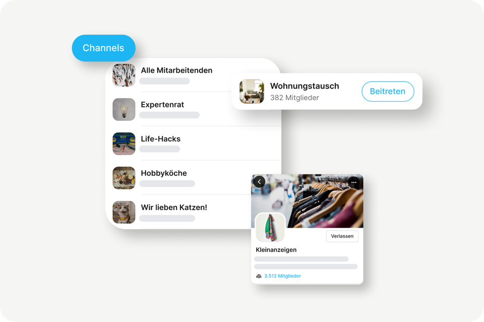 B2B-SaaS Mitarbeiterplattform: Channels wie Expertenrat, Life-Hacks, Wohnungstausch, Kleinanzeigen.