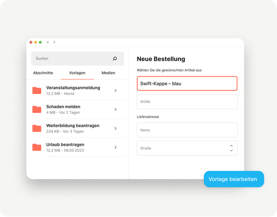 B2B-SaaS Mitarbeiterplattform UI mit HR-Portal, Mitarbeiter App, Vorlage bearbeiten, Schaden melden.