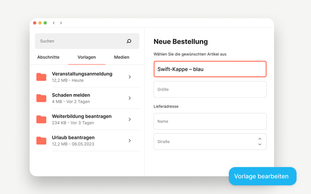 B2B-SaaS Mitarbeiterplattform UI mit HR-Portal, Mitarbeiter App, Vorlage bearbeiten, Schaden melden.
