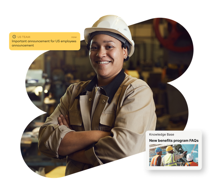 Frontline worker in PPE uses Employee Experience Platform for HR-Portal, comms, and knowledge base.