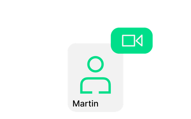 Videocall-Symbol und Nutzer-Icon mit Martin, dekoratives Element für Mitarbeiterplattform.