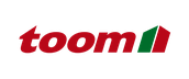 toom logo in roten Buchstaben mit grün-rotem grafischem Element am Ende, auf transparentem Hintergrund.