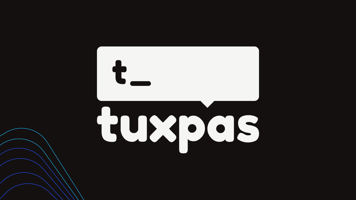Logo mit tuxpas und Sprechblase auf schwarzem Hintergrund, dekorative Linien unten links.