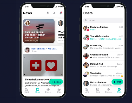 Mitarbeiter App mit Newsfeed, Chats, HR-Portal; Flip Flows, Mitarbeiterplattform, Employee Experience Platform.