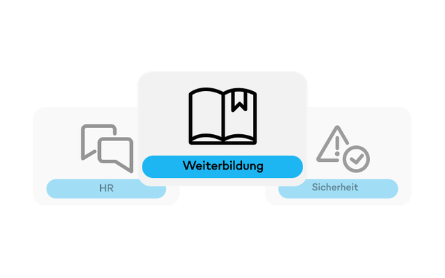 HR, Weiterbildung, Sicherheit Symbole; Mitarbeiterplattform, HR-Portal, Employee Experience Platform.
