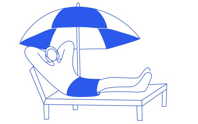 Minimalist illustration of a person relaxing on a lounge chair under a beach umbrella.