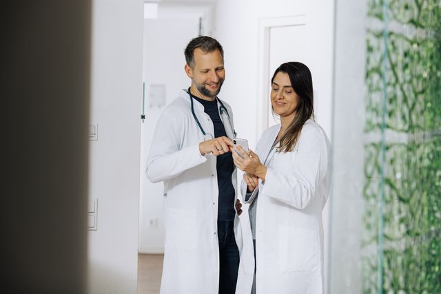 Two doctors in white coats smiling and using a smartphone in a modern healthcare setting.
