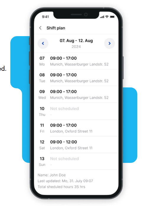 Mobile UI zeigt Schichtplan in Mitarbeiter App; HR-Software, Employee Experience Platform.