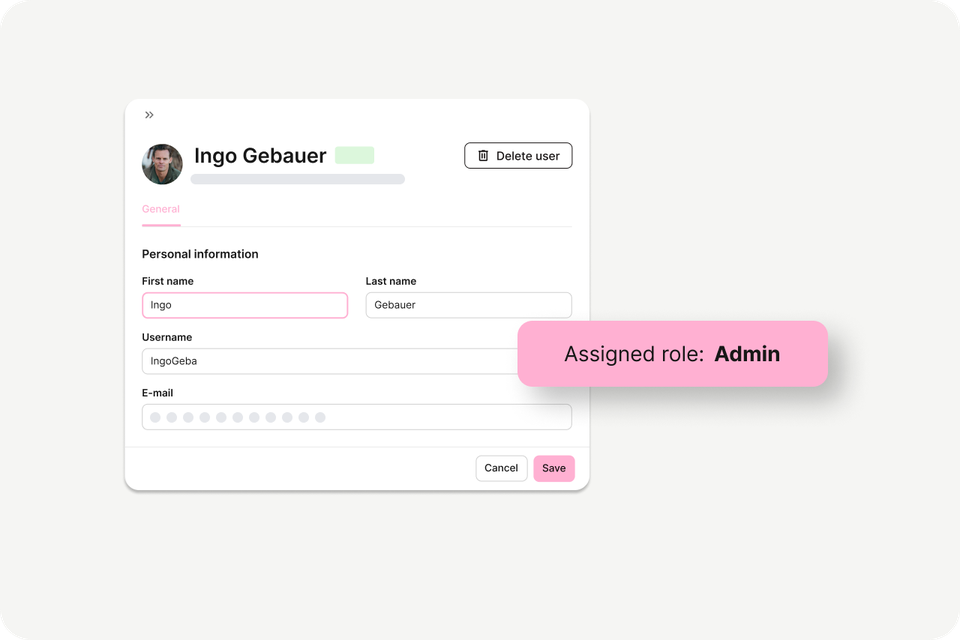 User profile in Mitarbeiterplattform UI, Assigned role: Admin, HR-Portal, Employee Experience Platform.