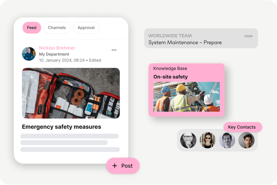 B2B-SaaS Mitarbeiterplattform UI: Feed, HR-Portal, Employee App, On-site safety, Key Contacts.