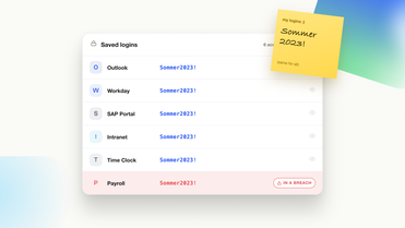 Saved logins list showing reused password Sommer2023!, with a breach alert for Payroll.