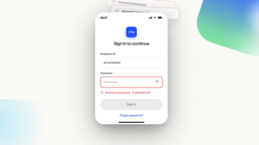 Login interface showing incorrect password message with two attempts left.