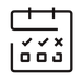 Simple black calendar icon with check marks and an X, representing planning or scheduling.