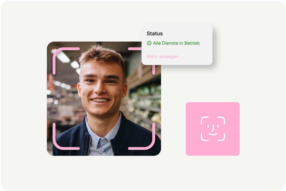 Mitarbeiterplattform mit Gesichtserkennung, Status: Alle Dienste in Betrieb, HR-Portal, Employee App.
