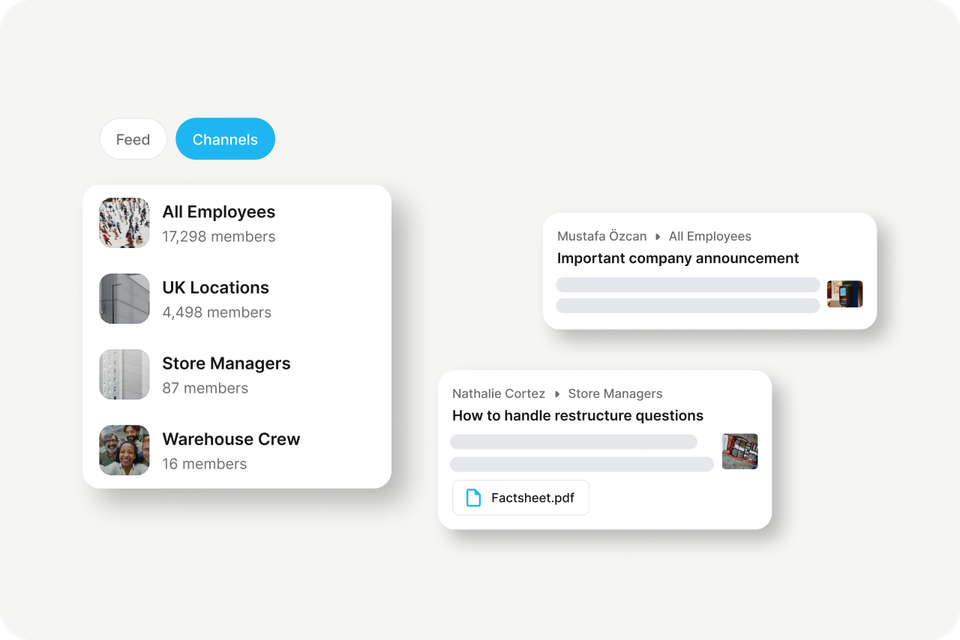 B2B-SaaS Employee Experience Platform UI: Channels, comms, HR-Portal, Employee App, Flip Flows.