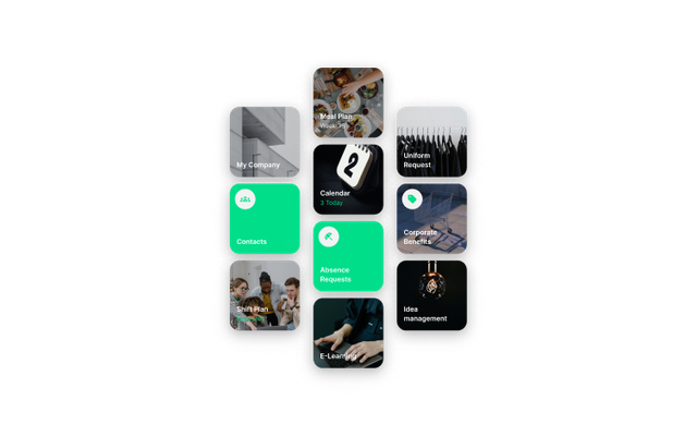B2B-SaaS Employee App UI: Contacts, Absence Requests, Shift Plan, HR-Portal, Employee Experience Platform.