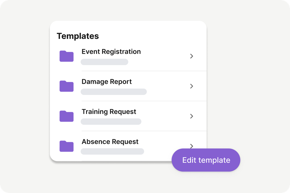 Templates list for Event Registration, Damage Report, Training, Absence; Edit template button shown.